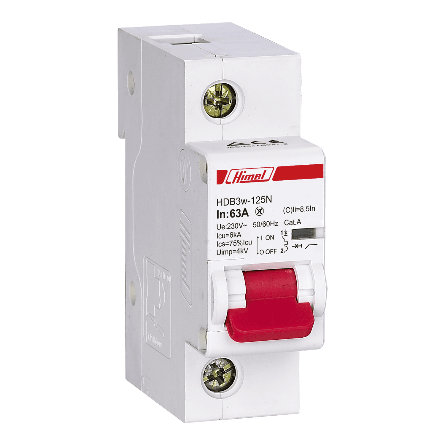 Miniature circuit breaker, HDB3w-125, 27 mm, AC, 10 kA, 1P, C curve, 125 A HDB3W125H1C125